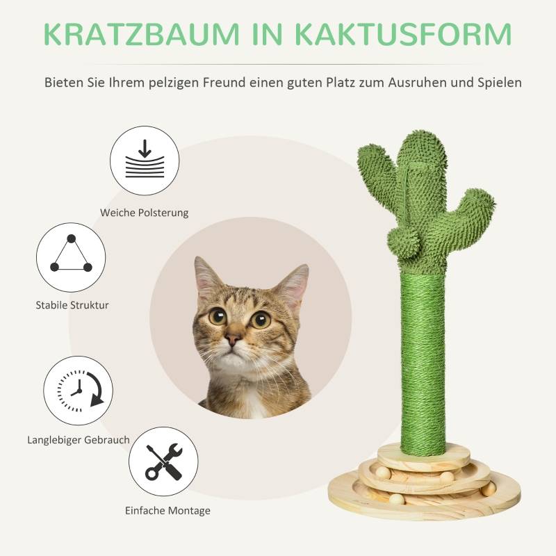 Arbre à chat cactus 60cm en pin corde sisal, jouet boule bois vert et naturel - Image 4