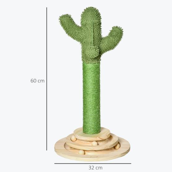 Arbre à chat cactus 60cm en pin corde sisal, jouet boule bois vert et naturel - Image 3