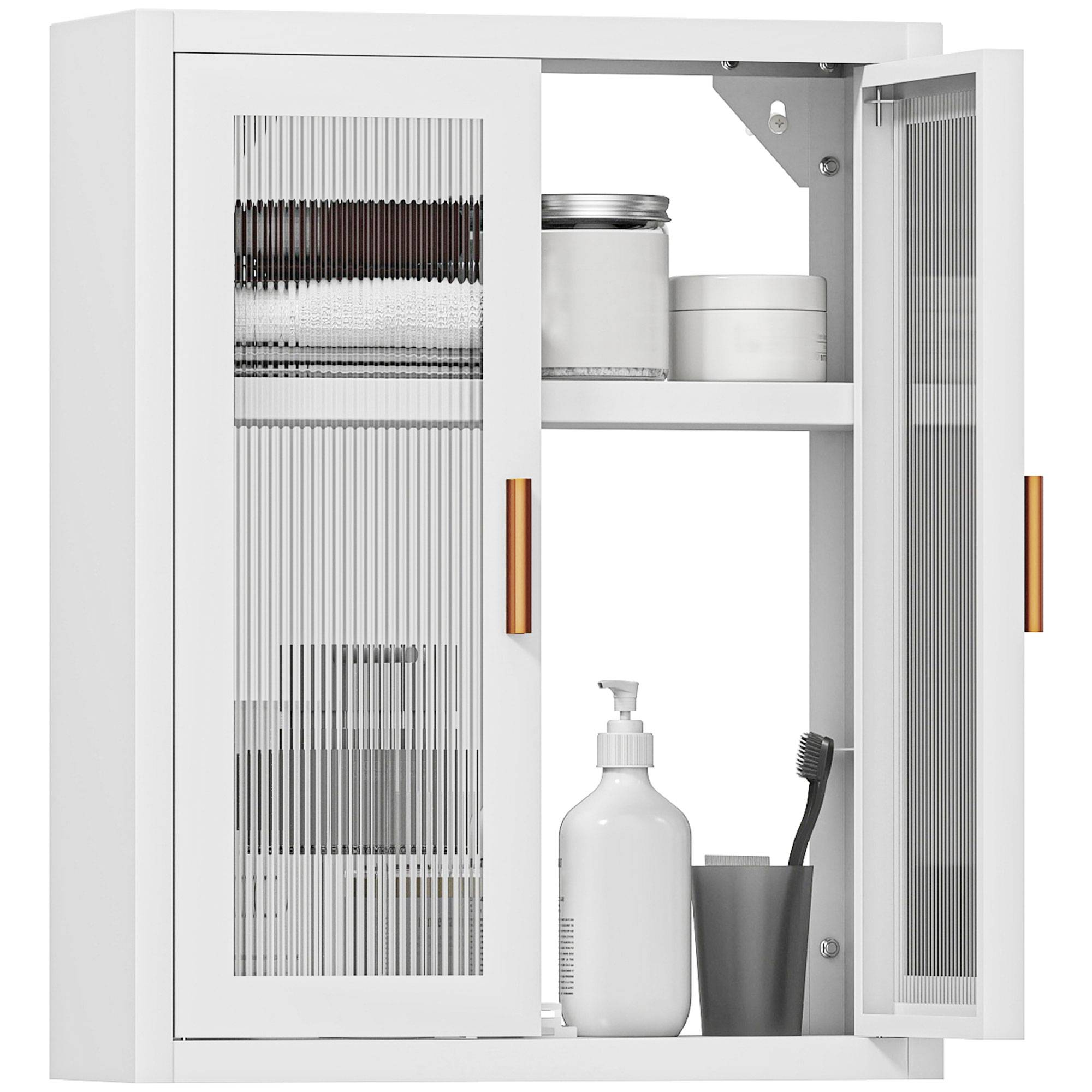 Sans Marque - Armoire murale salle bain meuble haut 2 portes cannelées étagère réglable 40x14x50cm blanc - Image 2