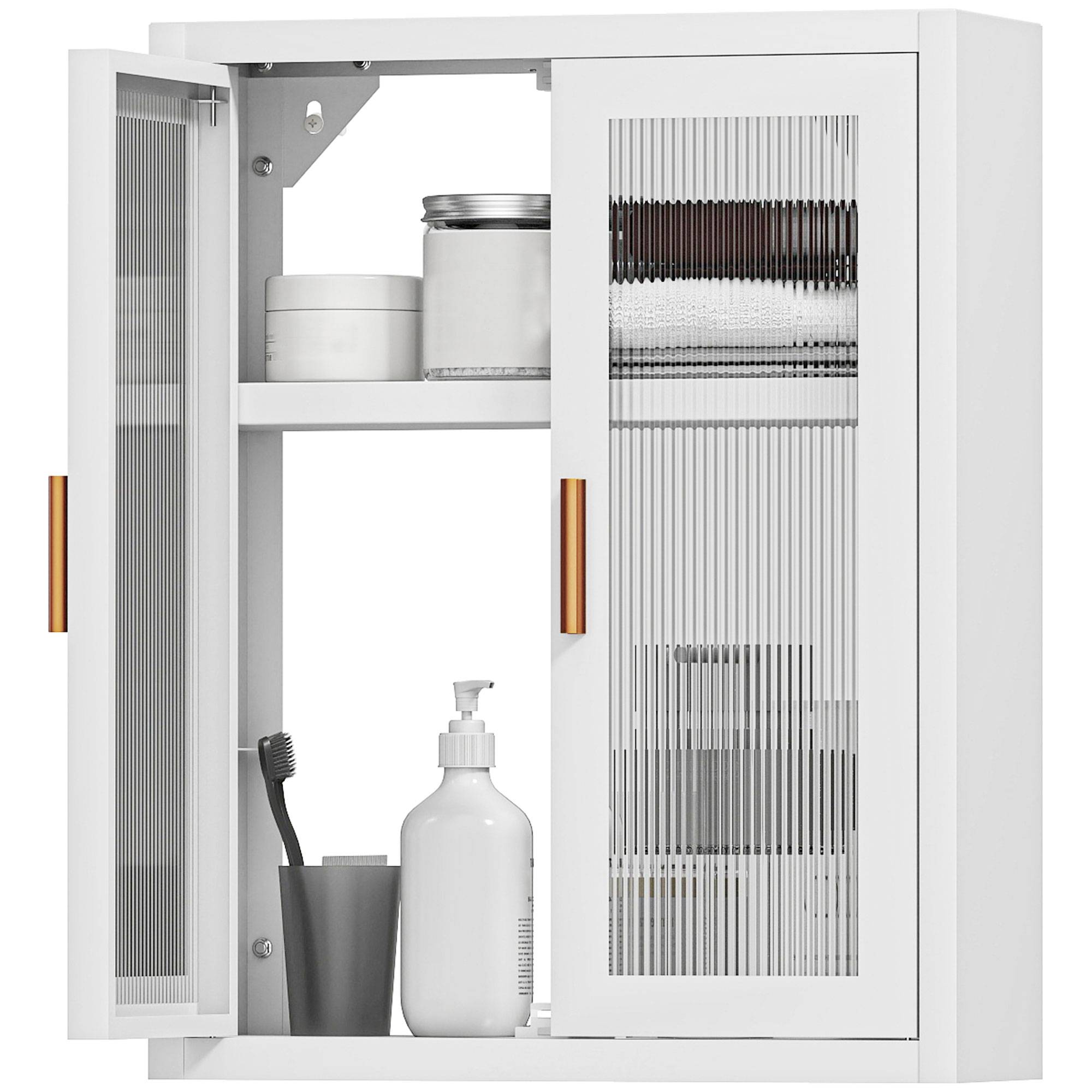 Sans Marque - Armoire murale salle bain meuble haut 2 portes cannelées étagère réglable 40x14x50cm blanc
