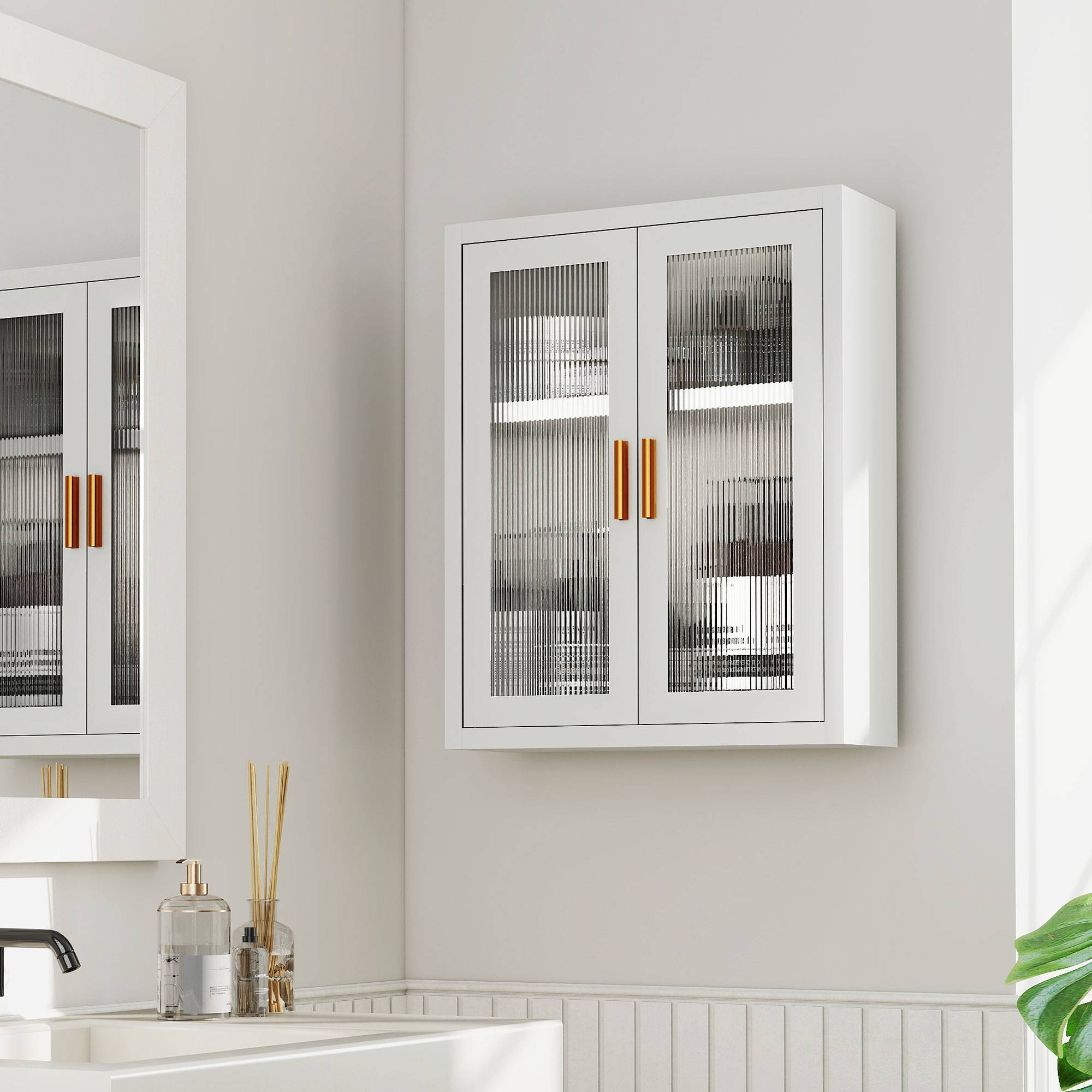 Sans Marque - Armoire murale salle bain meuble haut 2 portes cannelées étagère réglable 40x14x50cm blanc - Image 4