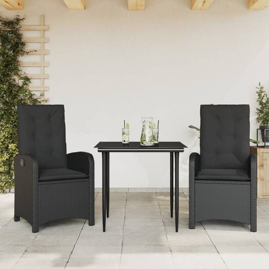 Salon de Jardin pour Balcon 2 Places, Fauteuils Noirs à Dossier Réglable et Table Carrée Design Verre – ComfortXL Outdoor Living - Image 1