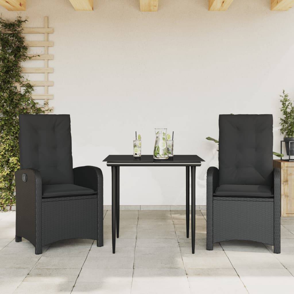 Salon de Jardin pour Balcon 2 Places, Fauteuils Noirs à Dossier Réglable et Table Carrée Design Verre – ComfortXL Outdoor Living
