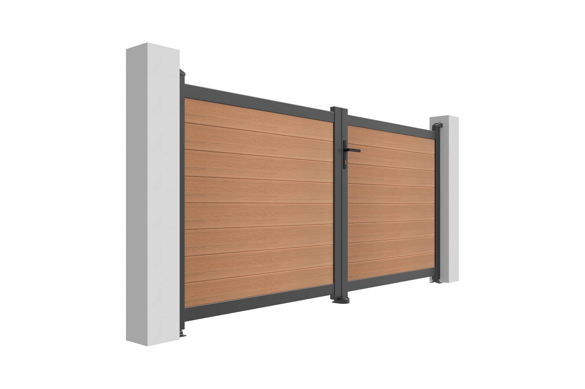 Casanoov Portail bois composite battant 3m ATHOS H.140cm teck avec cadre aluminium + portillon composite ATHOS 1m H.140cm - Image 6