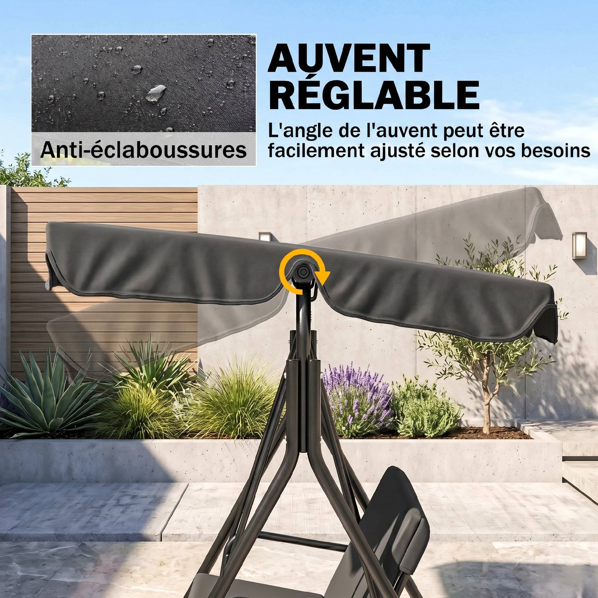 Balancelle jardin 3 places acier terrasse toit réglable 172x110x153cm noir - ComfortXL Outdoor Living - Image 6