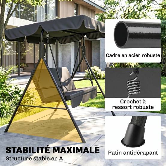 Balancelle jardin 3 places acier terrasse toit réglable 172x110x153cm noir - ComfortXL Outdoor Living - Image 7