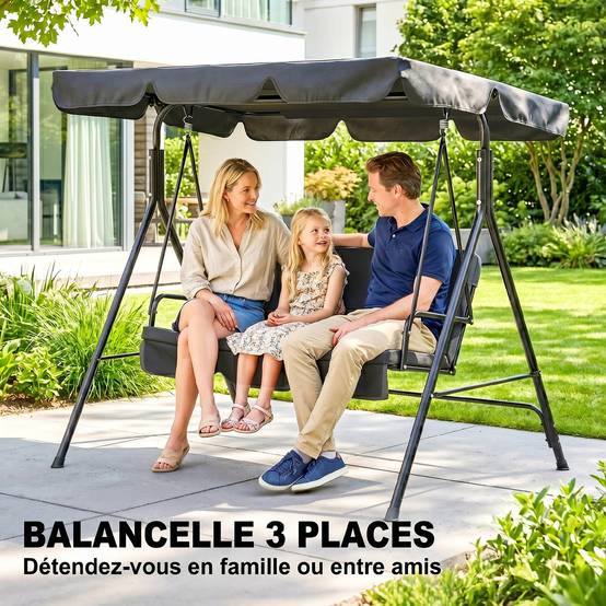 Balancelle jardin 3 places acier terrasse toit réglable 172x110x153cm noir - ComfortXL Outdoor Living - Image 8