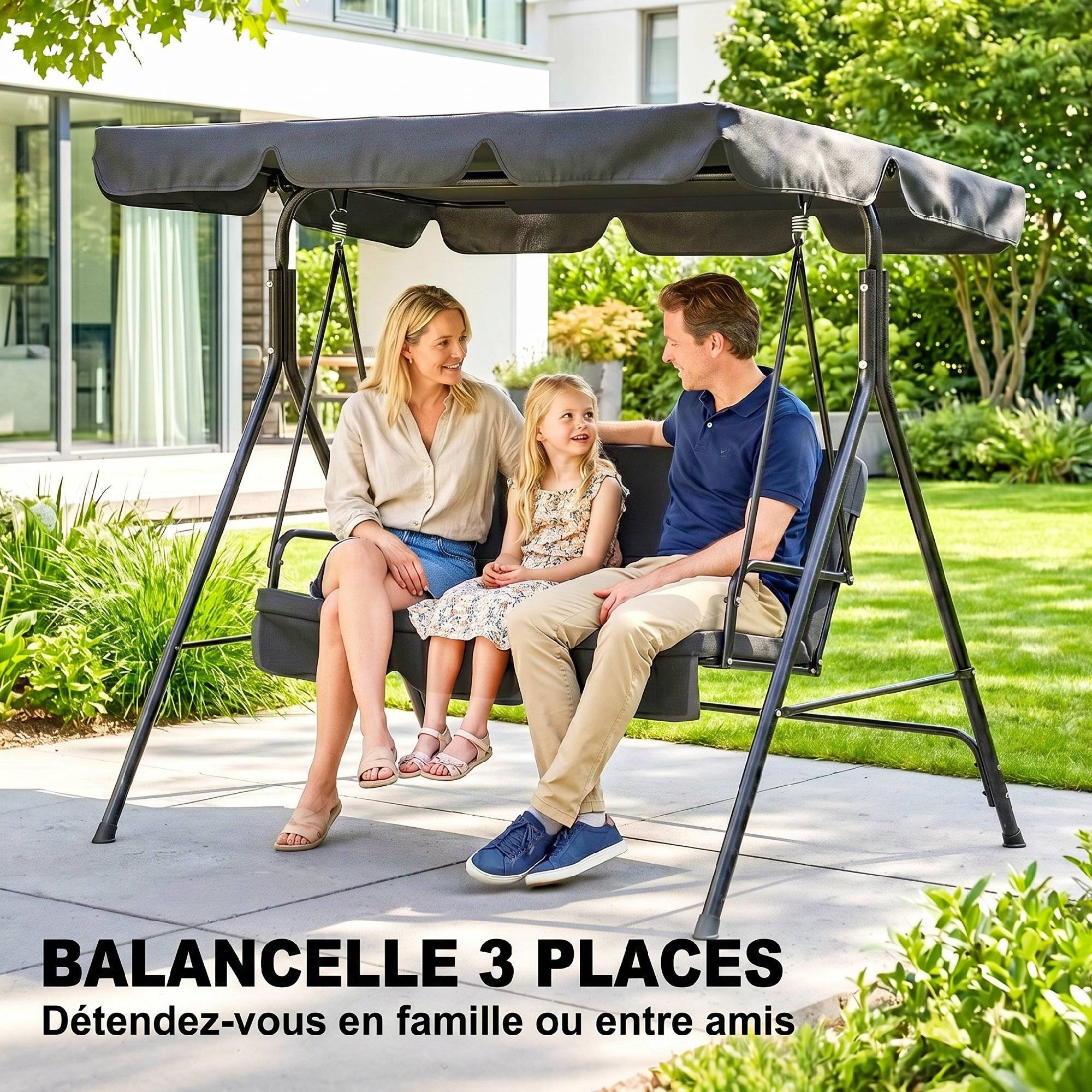 Balancelle jardin 3 places acier terrasse toit réglable 172x110x153cm noir - ComfortXL Outdoor Living - Image 8