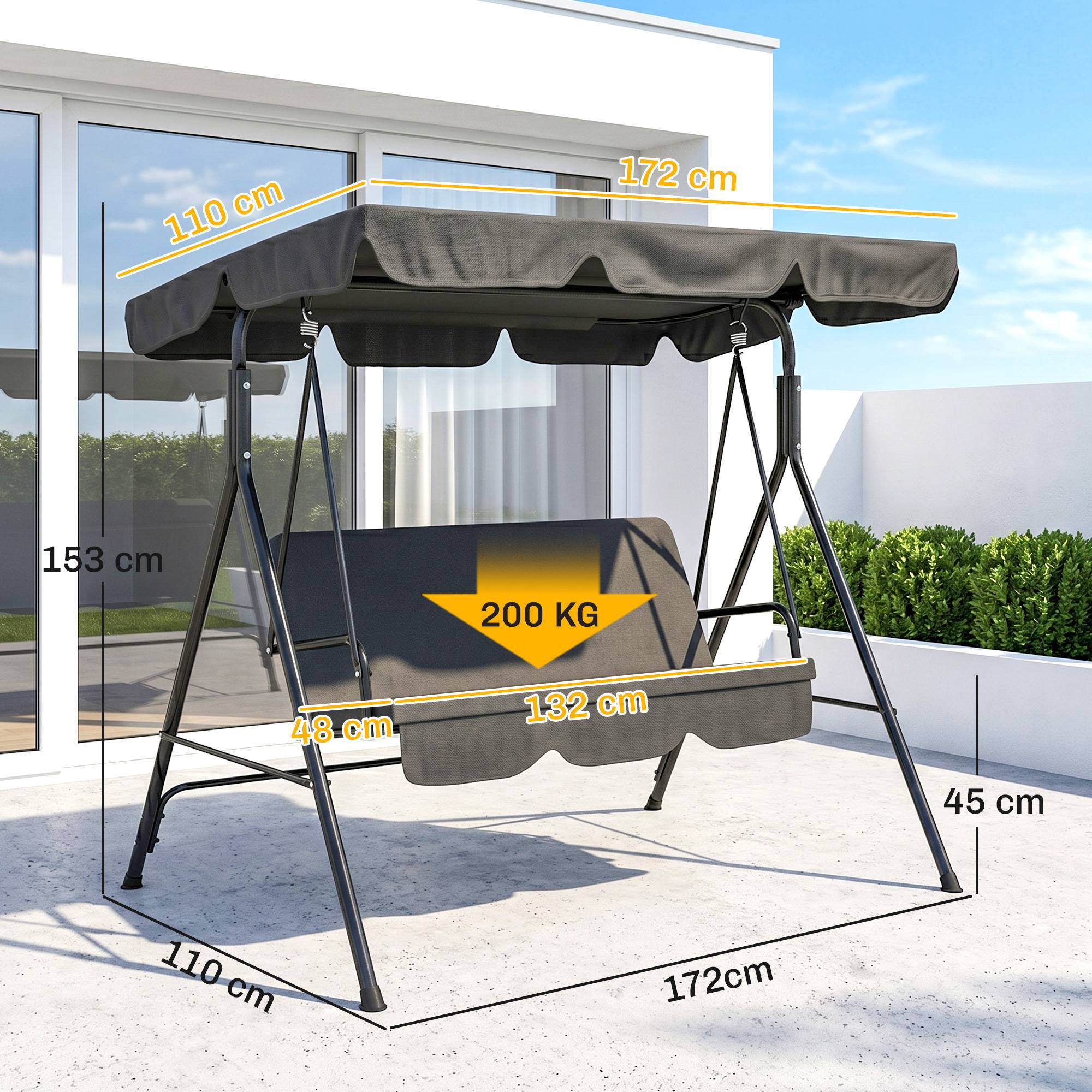 Balancelle jardin 3 places acier terrasse toit réglable 172x110x153cm noir - ComfortXL Outdoor Living - Image 5
