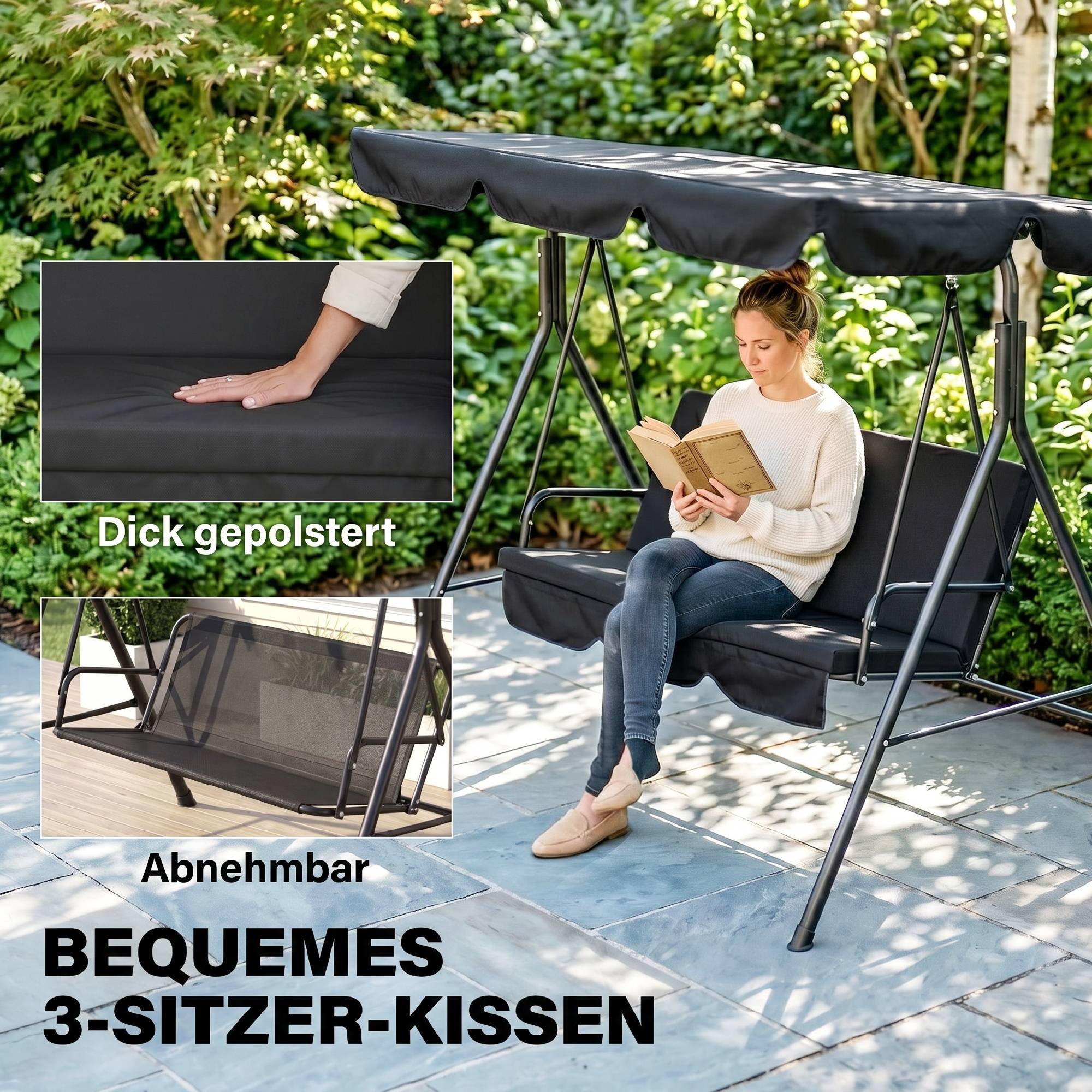 Balancelle jardin 3 places acier terrasse toit réglable 172x110x153cm noir - ComfortXL Outdoor Living - Image 9