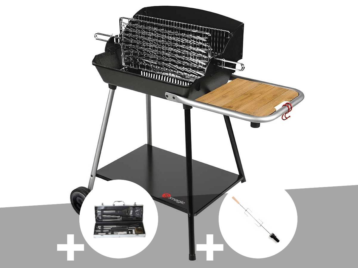 Somagic - Barbecue Horizontal et Vertical Excel Grill + Malette 8 accessoires inox + Kit tournebroche - Somagic