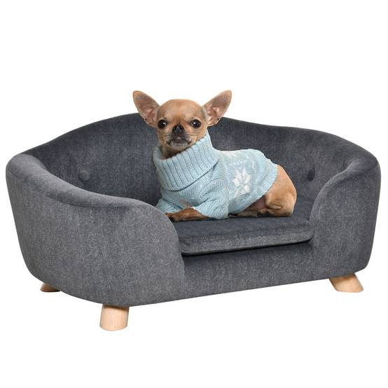 Lit pour chien bois de pin intérieur dossier peluche 70cm gris - ComfortXL Outdoor Living - Image 1
