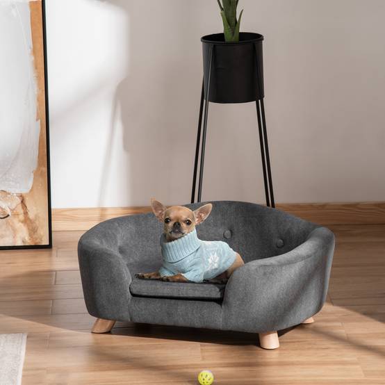 Lit pour chien bois de pin intérieur dossier peluche 70cm gris - ComfortXL Outdoor Living - Image 3
