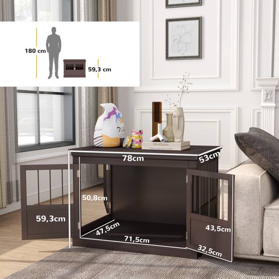 Cage pour petit chien table moderne, 3 portes françaises fermeture magnétique, 78x53x59,3 cm, marron - Image 5