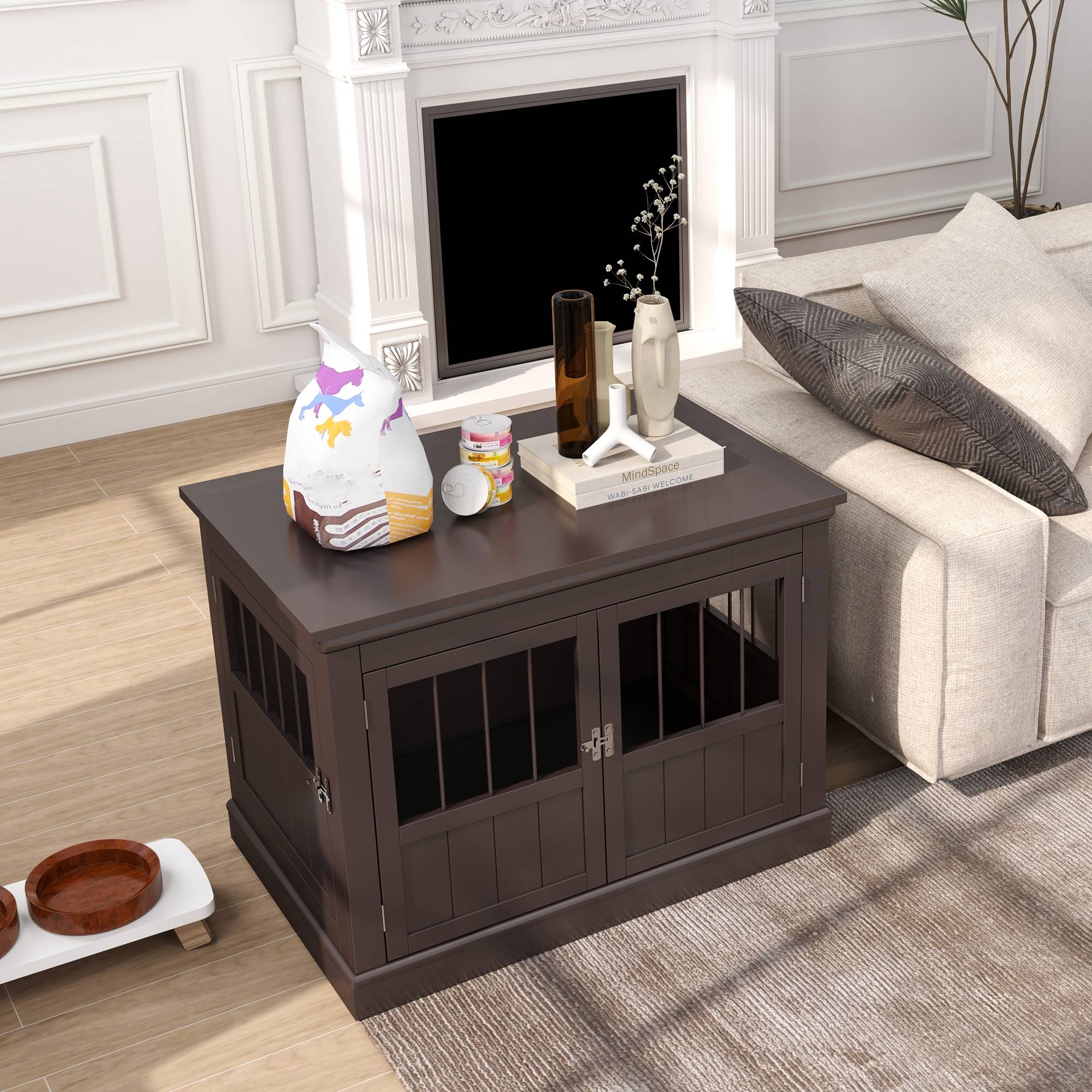 Cage pour petit chien table moderne, 3 portes françaises fermeture magnétique, 78x53x59,3 cm, marron - Image 10