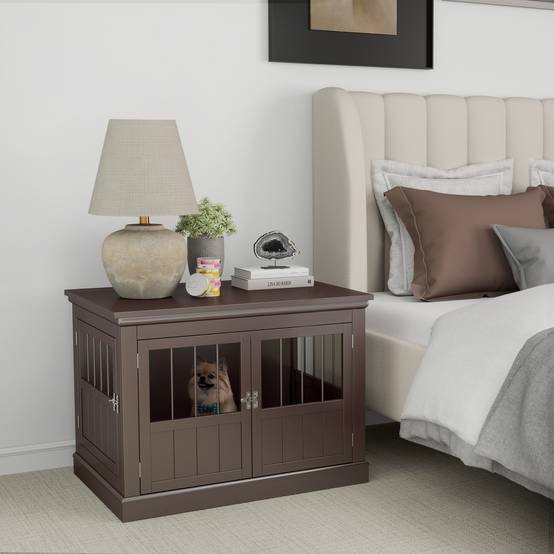 Cage pour petit chien table moderne, 3 portes françaises fermeture magnétique, 78x53x59,3 cm, marron - Image 4