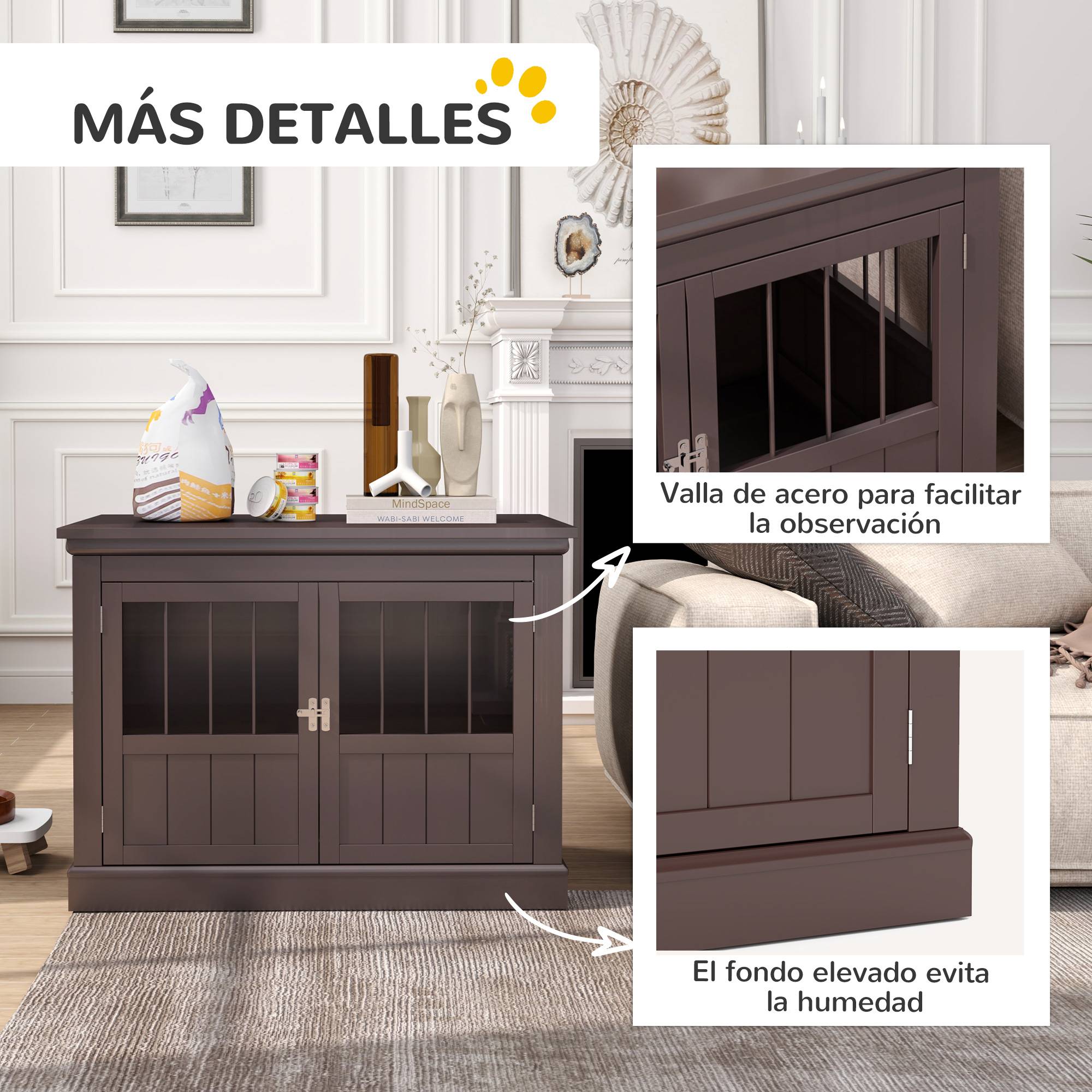 Cage pour petit chien table moderne, 3 portes françaises fermeture magnétique, 78x53x59,3 cm, marron - Image 8