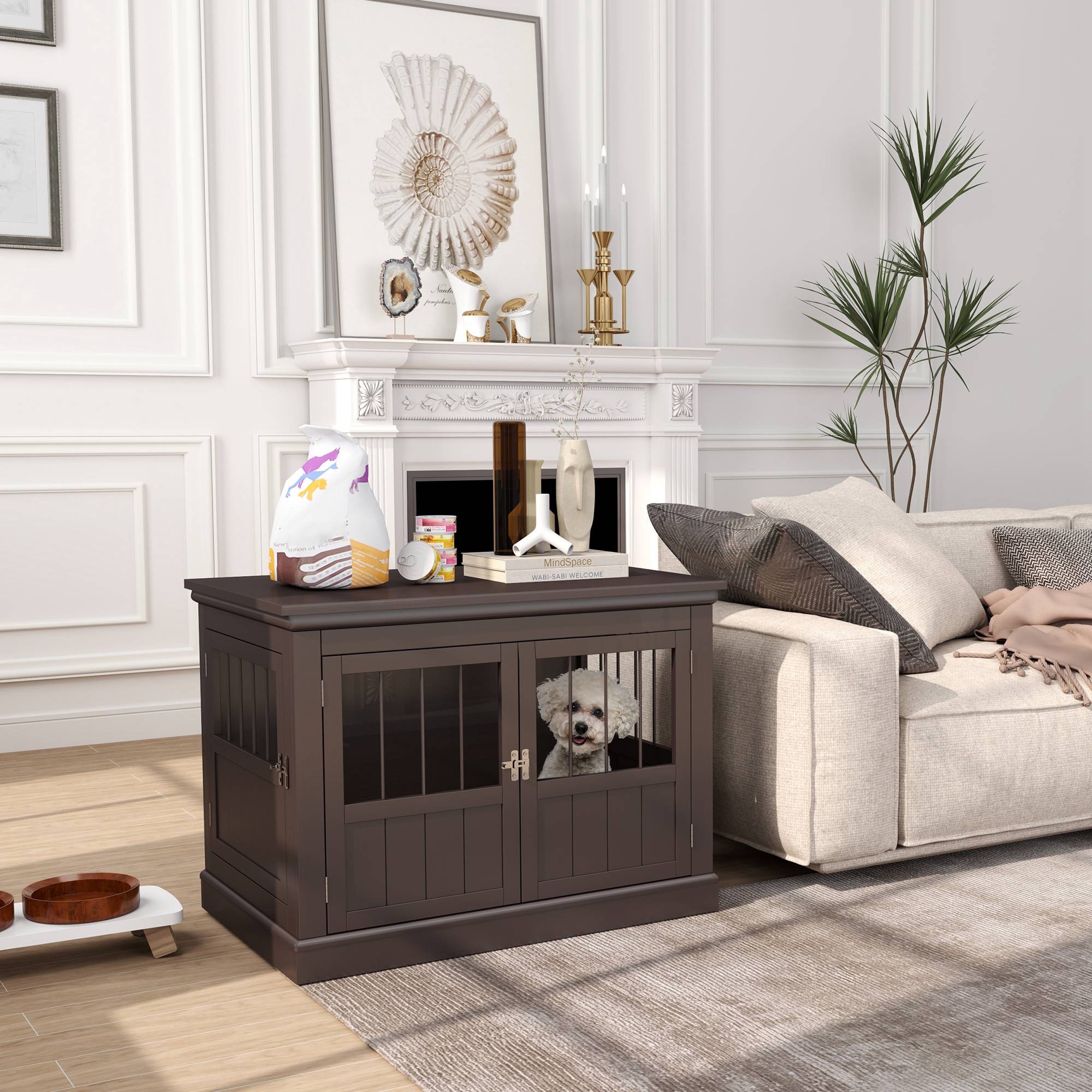 Cage pour petit chien table moderne, 3 portes françaises fermeture magnétique, 78x53x59,3 cm, marron - Image 3
