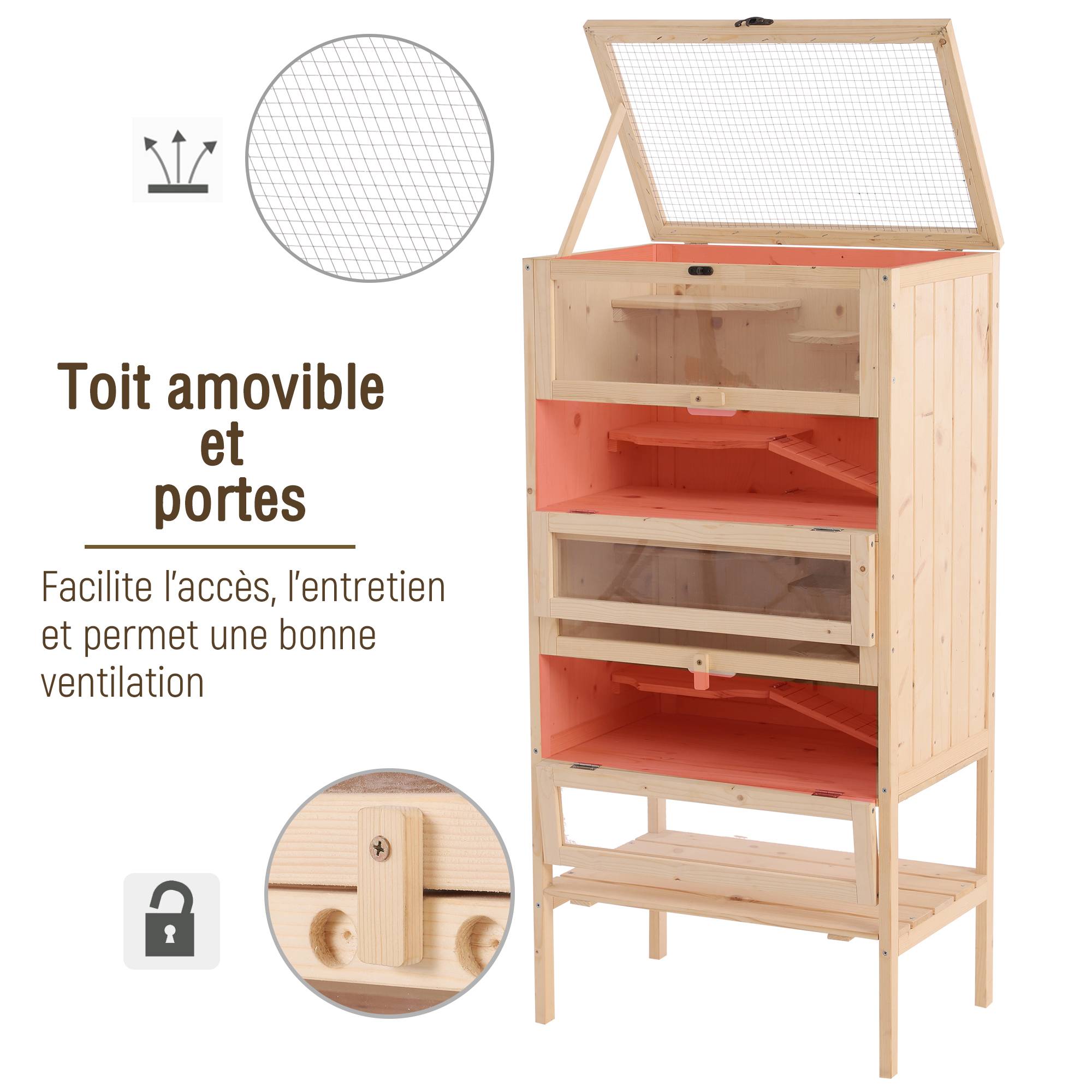 Pawhut - Cage pour hamsters souris petits rongeurs multi-niveaux 5 étages 10 plateformes bois de pin 60 x 40 x 120 cm - Imagen 5