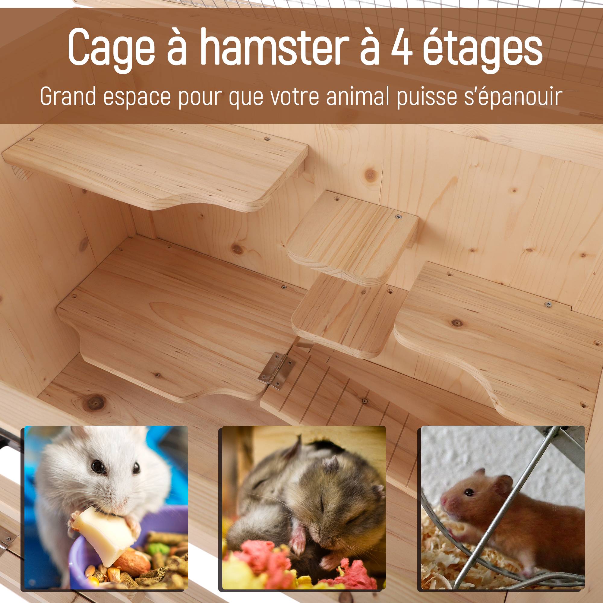 Pawhut - Cage pour hamsters souris petits rongeurs multi-niveaux 5 étages 10 plateformes bois de pin 60 x 40 x 120 cm - Imagen 4