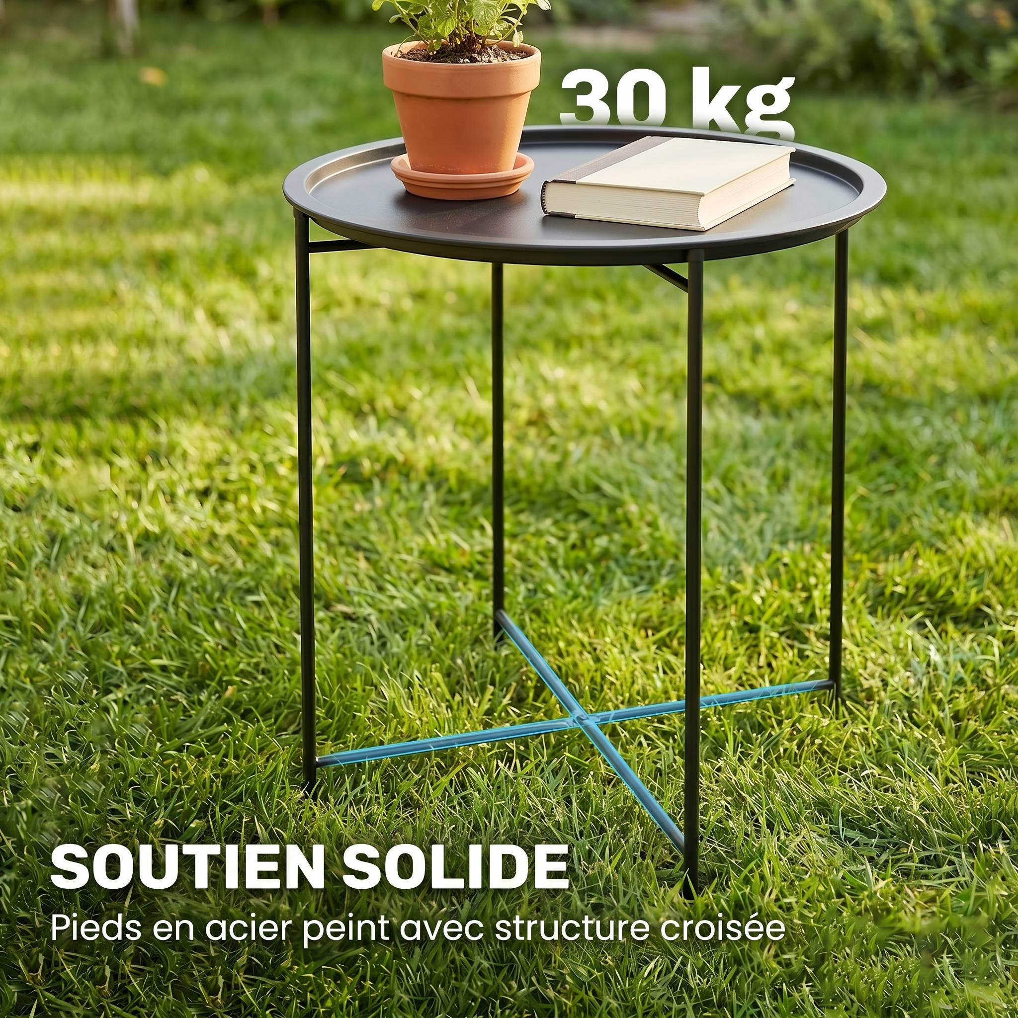 Petite table basse ronde table d'appoint plateau amovible avec bord relevé pieds pliables en acier Ø 46 x 53 cm noir - Image 7