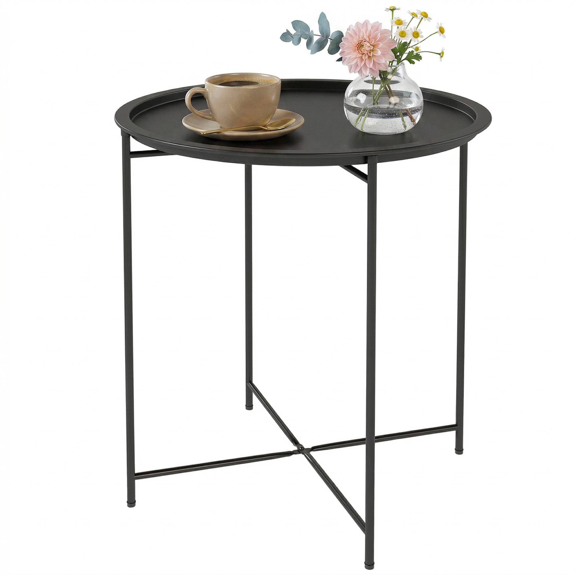 Petite table basse ronde table d'appoint plateau amovible avec bord relevé pieds pliables en acier Ø 46 x 53 cm noir - Image 2