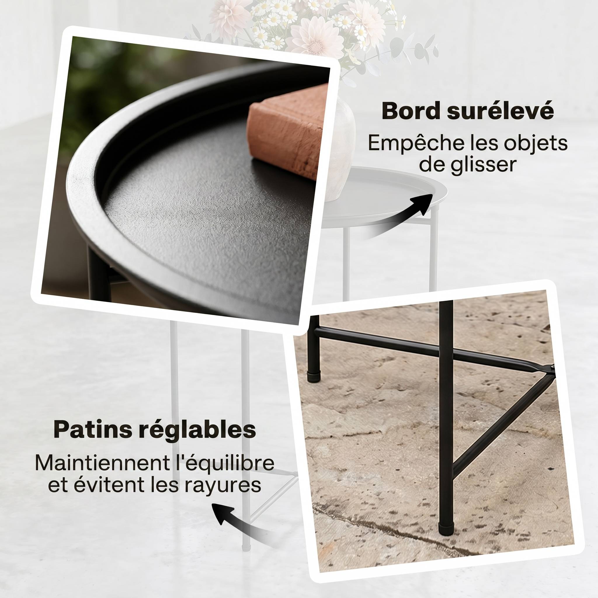Petite table basse ronde table d'appoint plateau amovible avec bord relevé pieds pliables en acier Ø 46 x 53 cm noir - Image 8