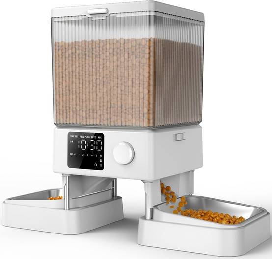 Distributeur Croquettes de 5L Chat Automatique 2 Bols blanc Vendos85