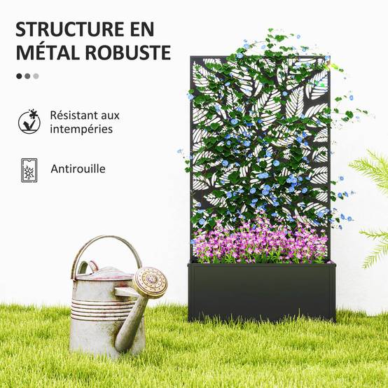 Outsunny - Jardinière avec treillis brise-vue paravent sur pieds/murale bac à fleurs rectangulaire balcon/terrasse/patio métal noir 61x23x113 cm - Outsunny - Image 5