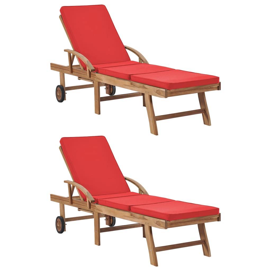 Helloshop26 - Lot de 2 transats chaise longue bain de soleil lit de jardin terrasse meuble d'extérieur avec coussins bois de teck solide rouge - Imagen 1