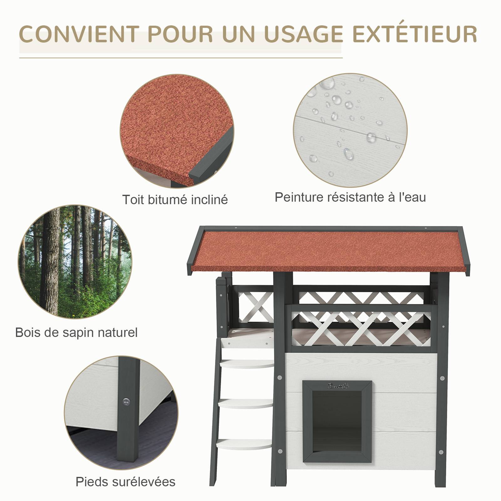 Niche pour chat bois de sapin blanc et rouge 77 x 50 x 73 cm - PANGIVO - Image 7