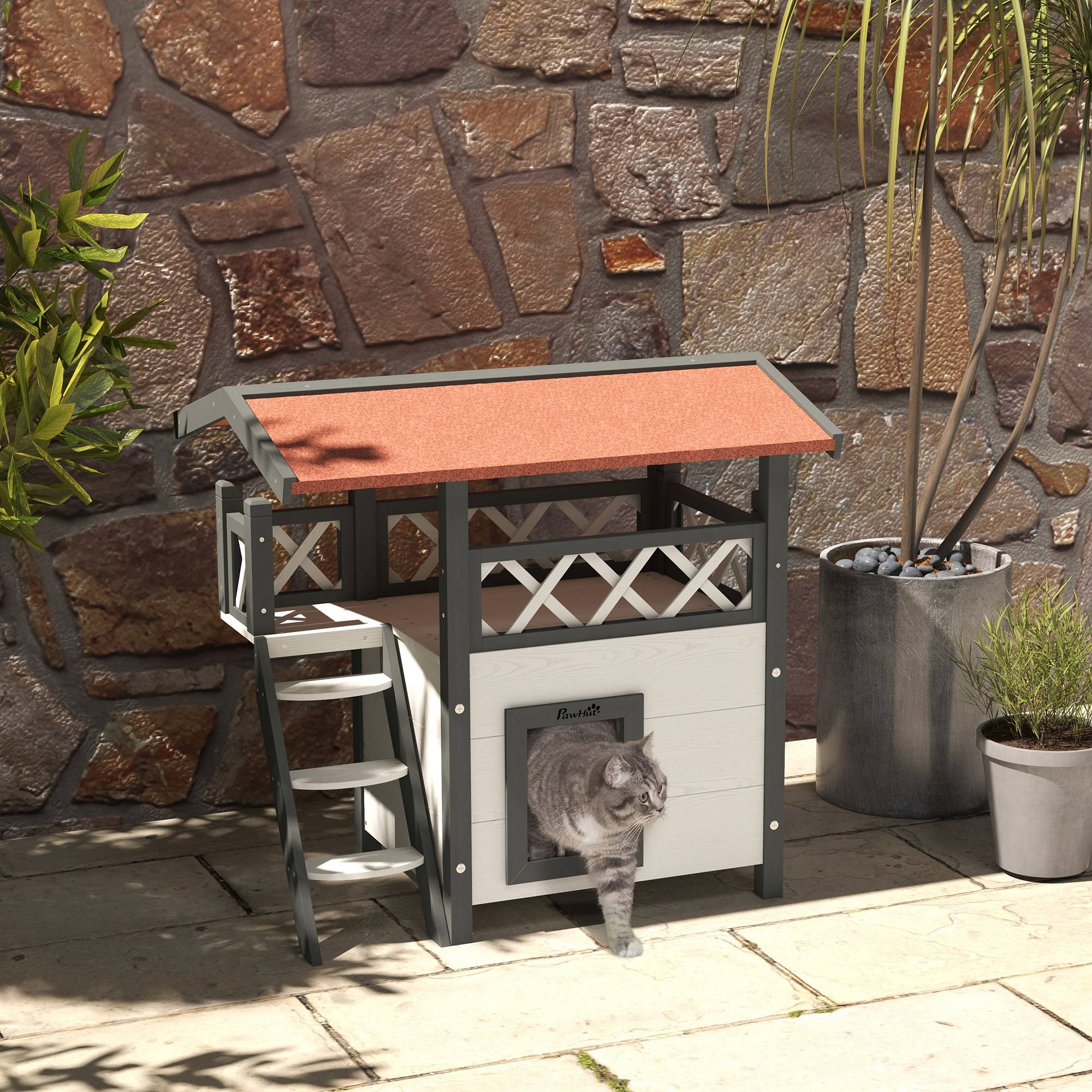 Niche pour chat bois de sapin blanc et rouge 77 x 50 x 73 cm - PANGIVO - Image 4