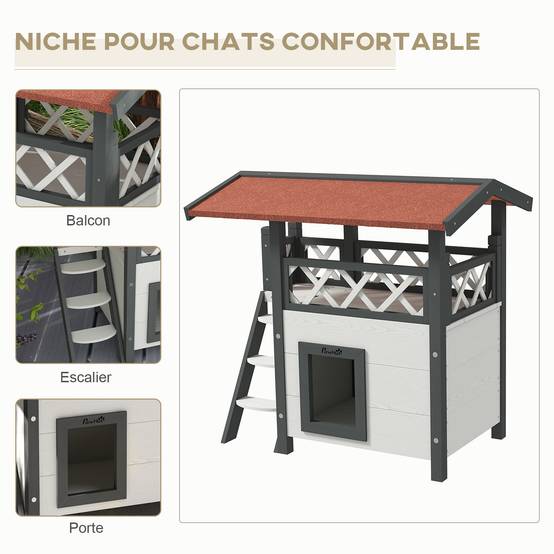 Niche pour chat bois de sapin blanc et rouge 77 x 50 x 73 cm - PANGIVO - Image 6