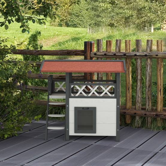Niche pour chat bois de sapin blanc et rouge 77 x 50 x 73 cm - PANGIVO - Image 9