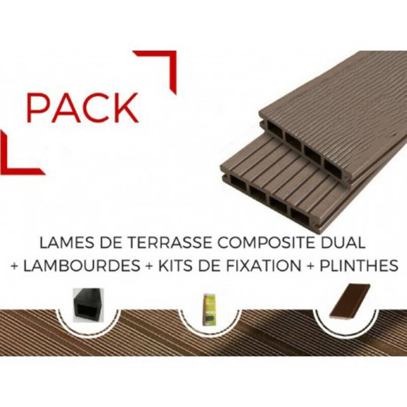 PACK 15m² lame terrasse composite Dual + ACCESSOIRES (4 coloris) 2400mm - Beige clair, 25mm ép., 14cm larg., 240cm long.
