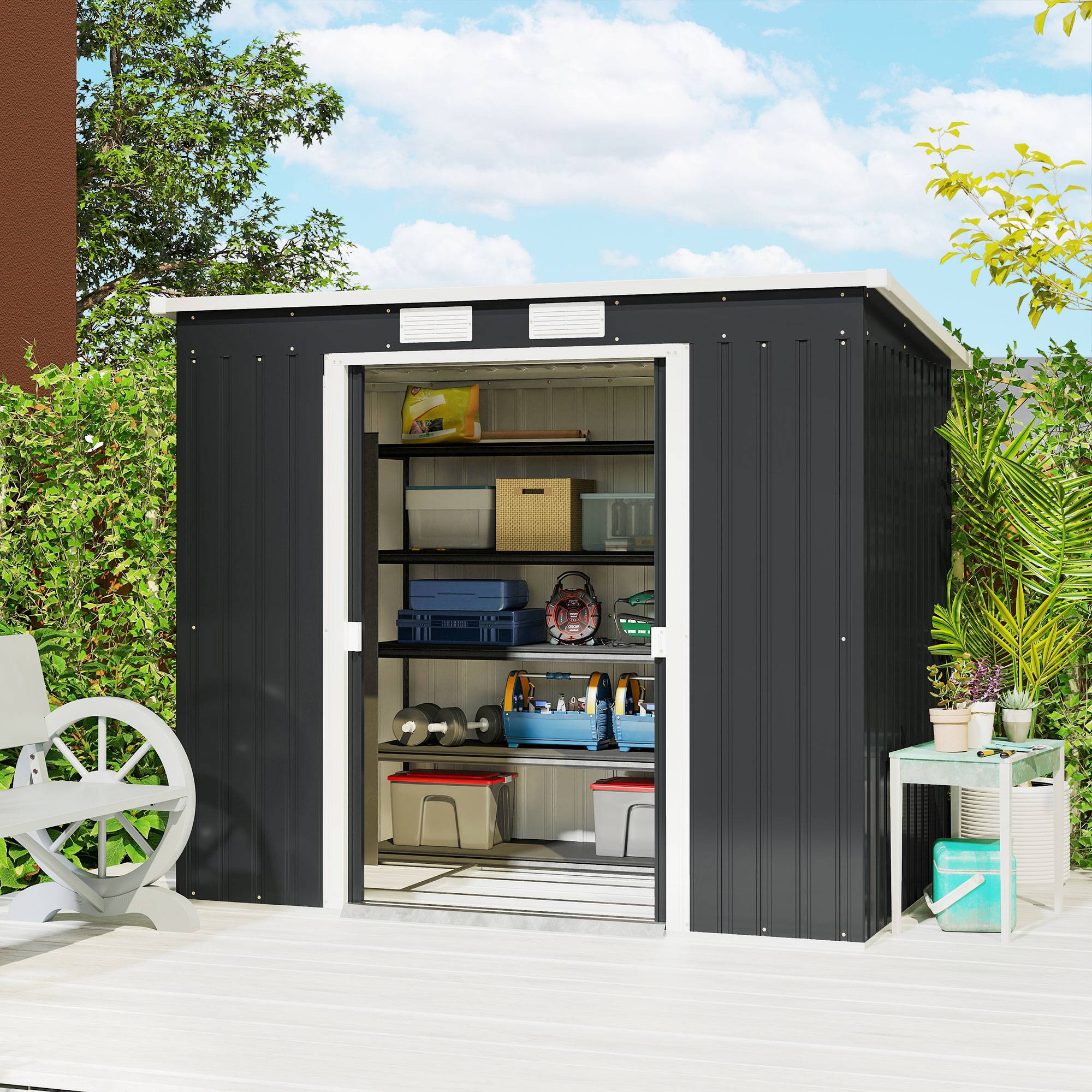 Abri de jardin acier galvanisé portes coulissantes fenêtres aération 213x130x172 cm gris foncé cabanon jardin extérieur - Image 3