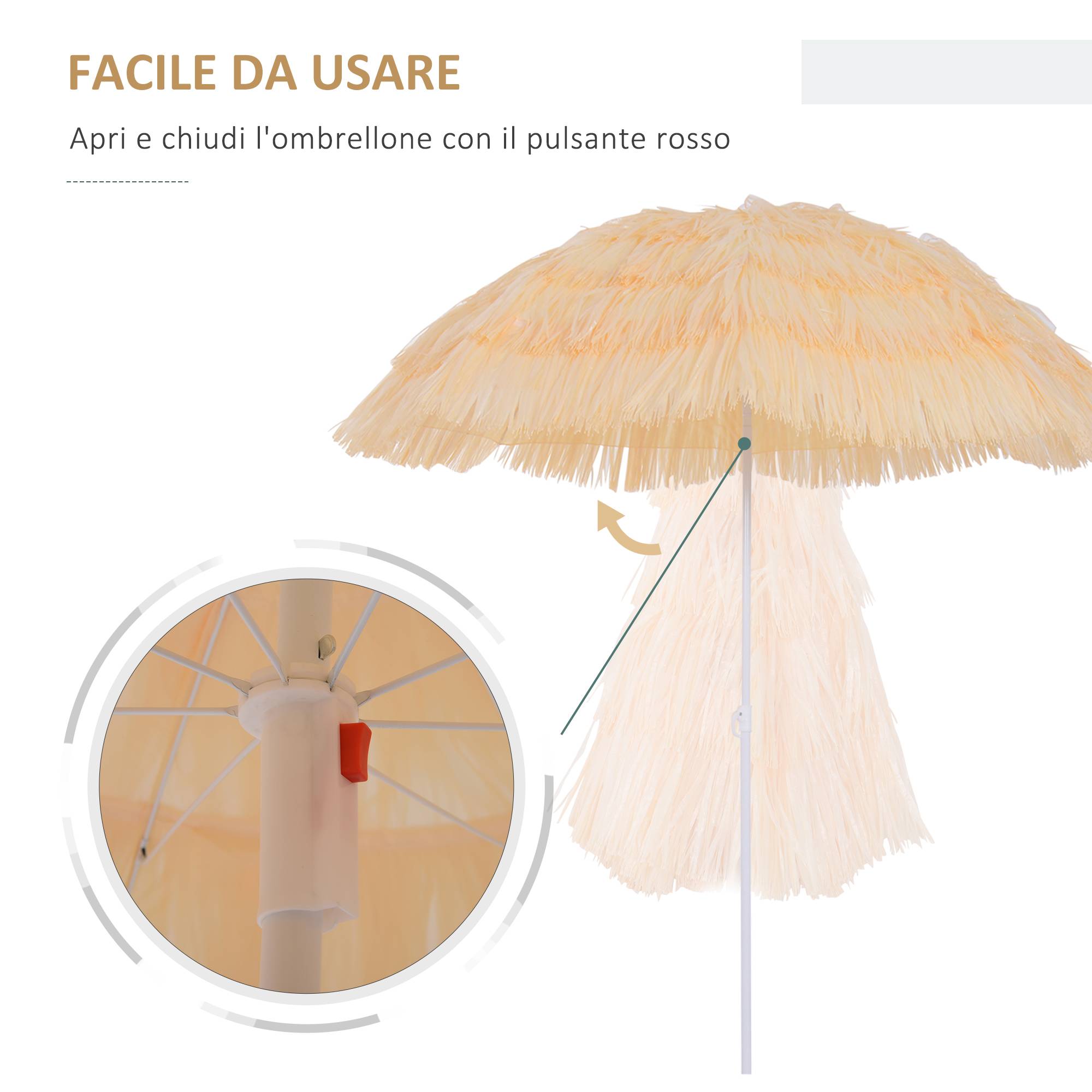 Parasol de plage à 8 baleines avec mât inclinable, en polyester et métal, 1,6x2 m, beige - Image 7
