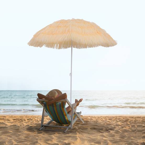 Parasol de plage à 8 baleines avec mât inclinable, en polyester et métal, 1,6x2 m, beige - Image 3