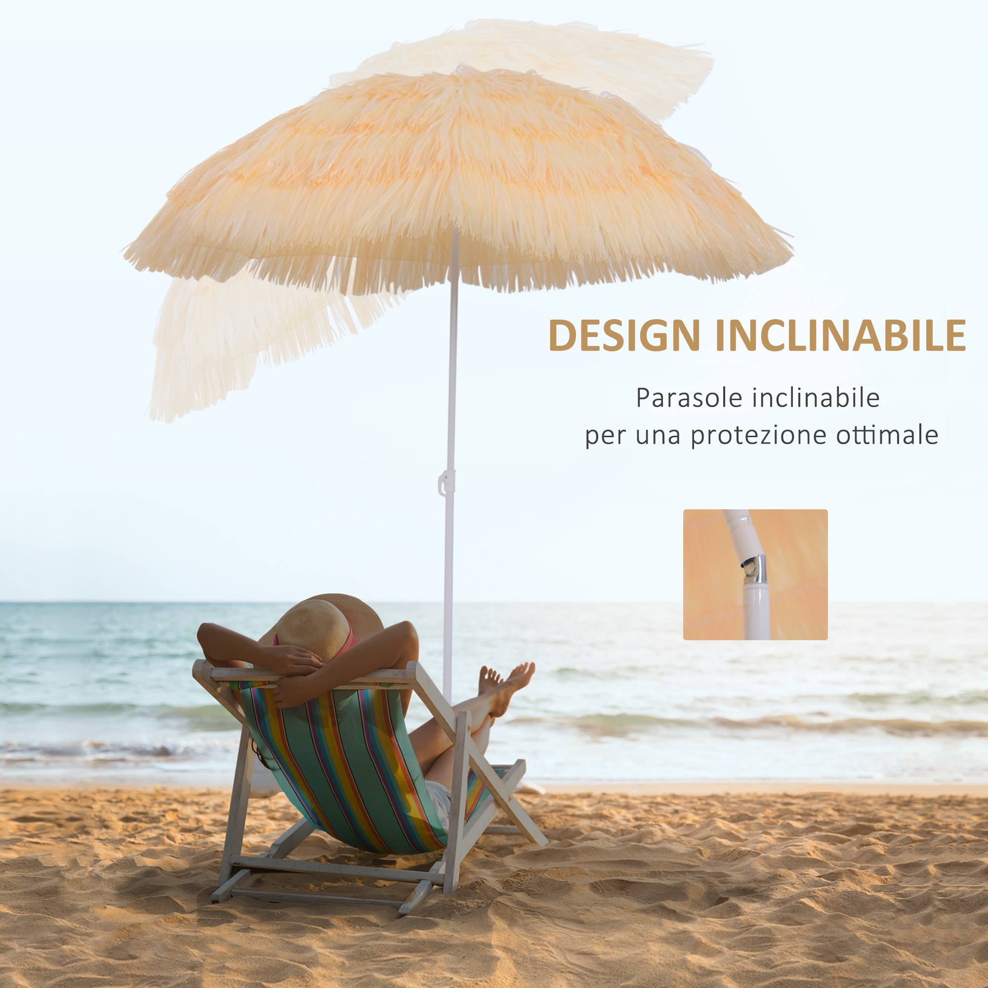 Parasol de plage à 8 baleines avec mât inclinable, en polyester et métal, 1,6x2 m, beige - Image 8