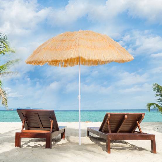 Parasol de plage à 8 baleines avec mât inclinable, en polyester et métal, 1,6x2 m, beige - Image 4