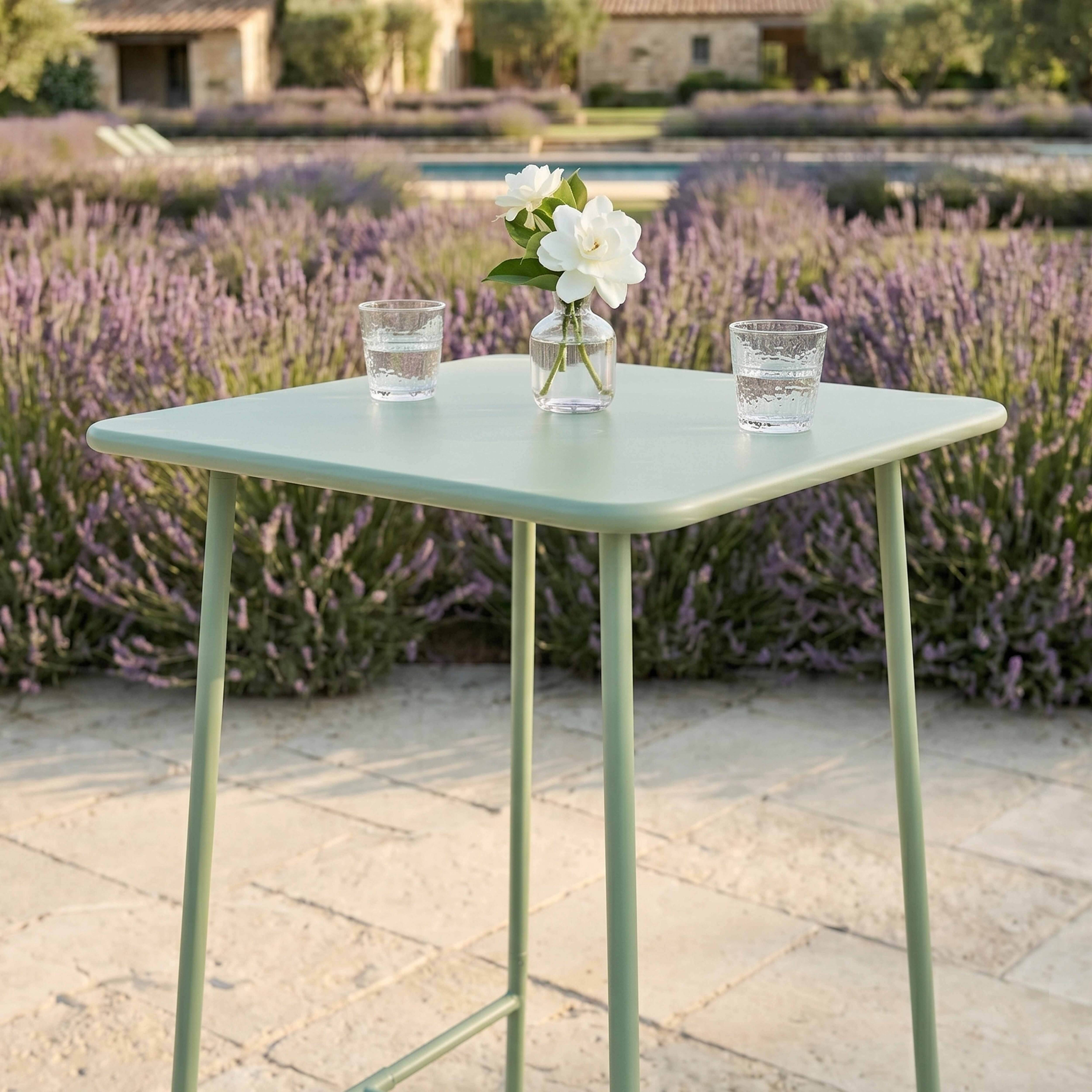 Oviala - Table haute de jardin carrée en acier vert sauge 70cm Palavas - Oviala - Image 5