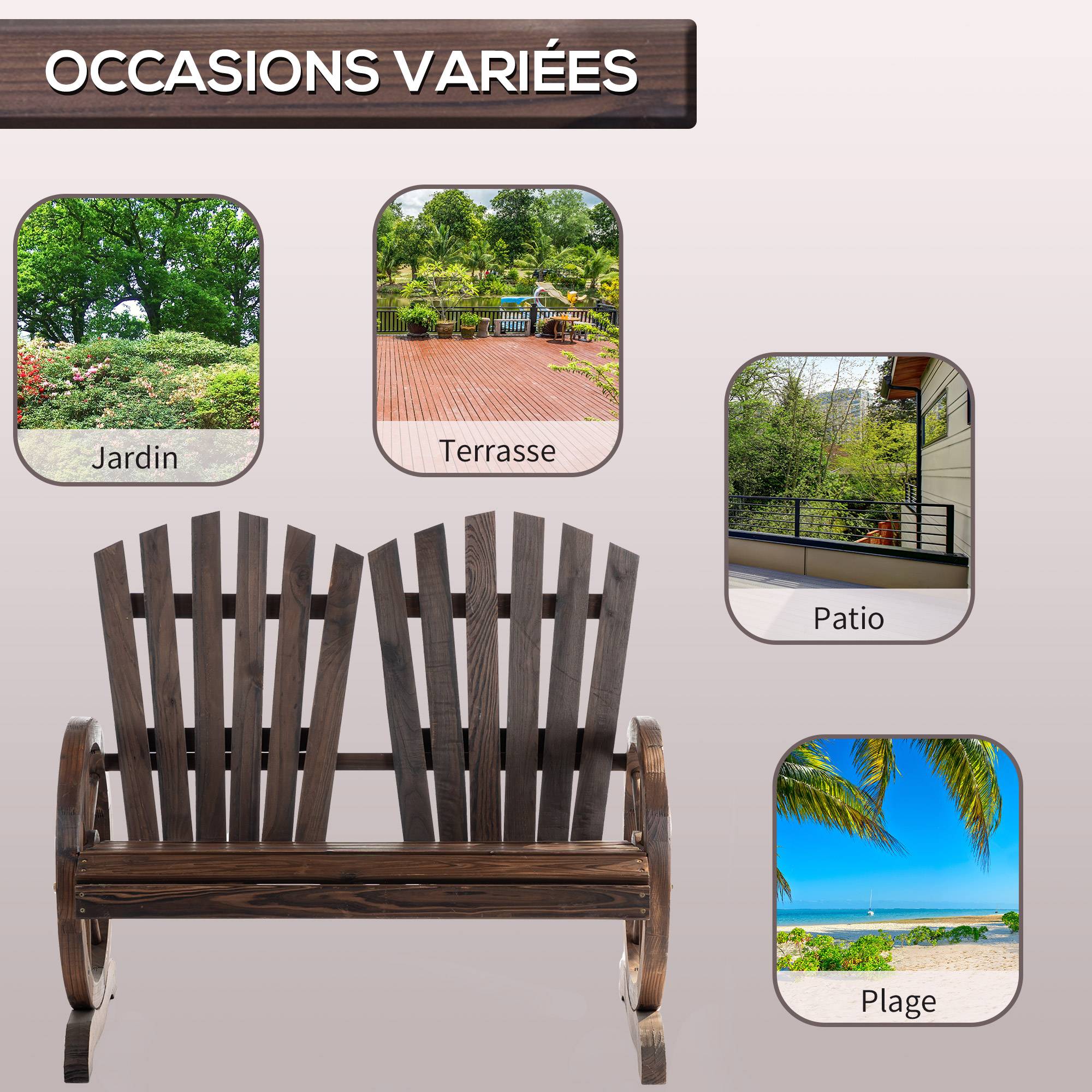 Outsunny - Banc de jardin 2 places Adirondack style rustique chic accoudoirs roues charette bois sapin traité carbonisation - Outsunny - Imagen 7