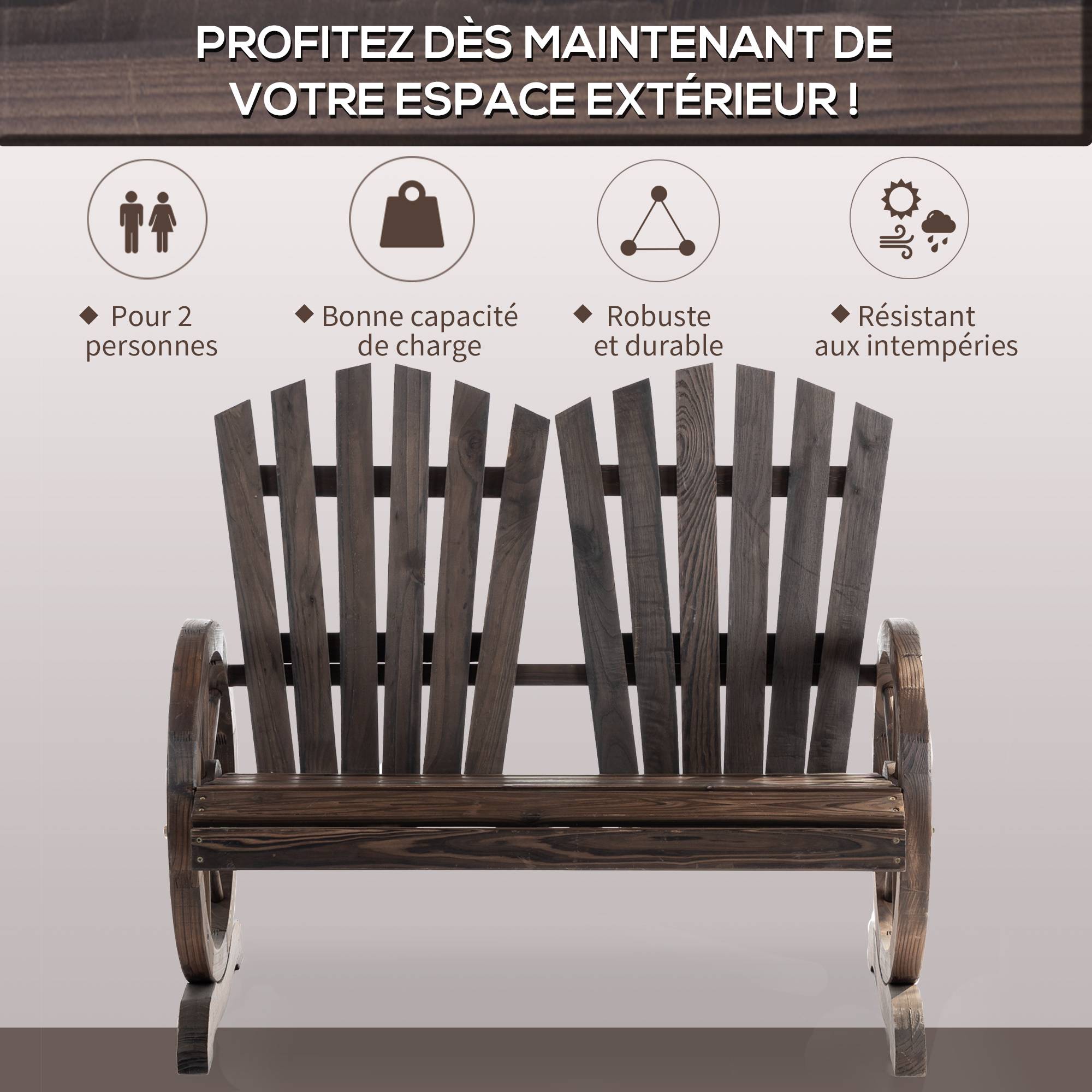 Outsunny - Banc de jardin 2 places Adirondack style rustique chic accoudoirs roues charette bois sapin traité carbonisation - Outsunny - Imagen 6