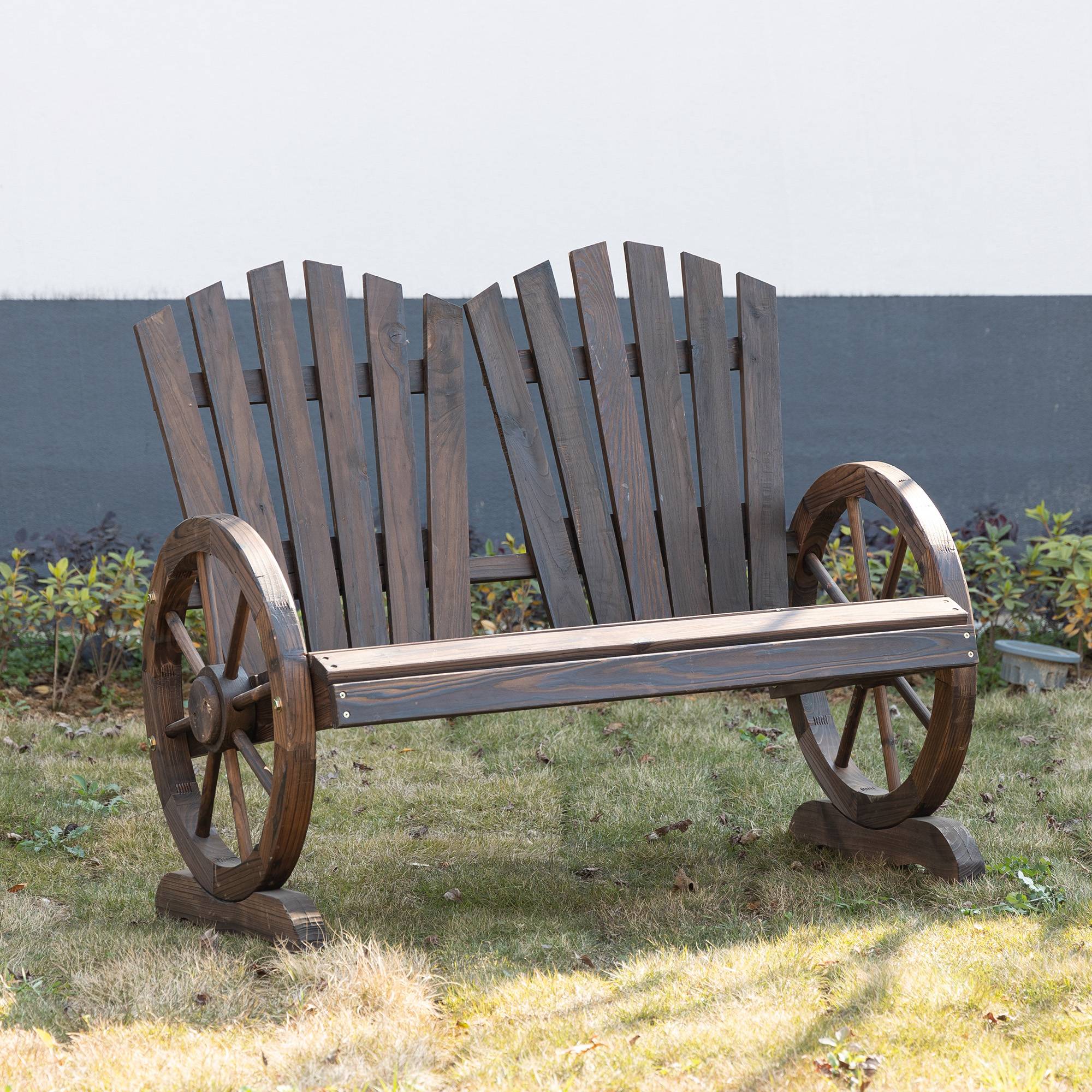 Outsunny - Banc de jardin 2 places Adirondack style rustique chic accoudoirs roues charette bois sapin traité carbonisation - Outsunny - Imagen 2