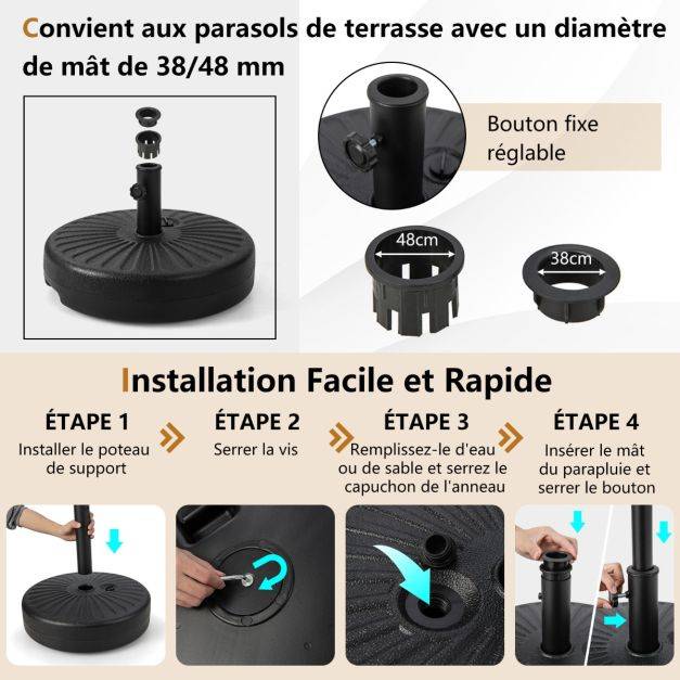 Helloshop26 - Pied de parasol lourd pour parasol 38/48 mm socle parasol extérieur en HDPE rempli de 28 kg sable 18 litres eau 50 x h30 cm - Imagen 5