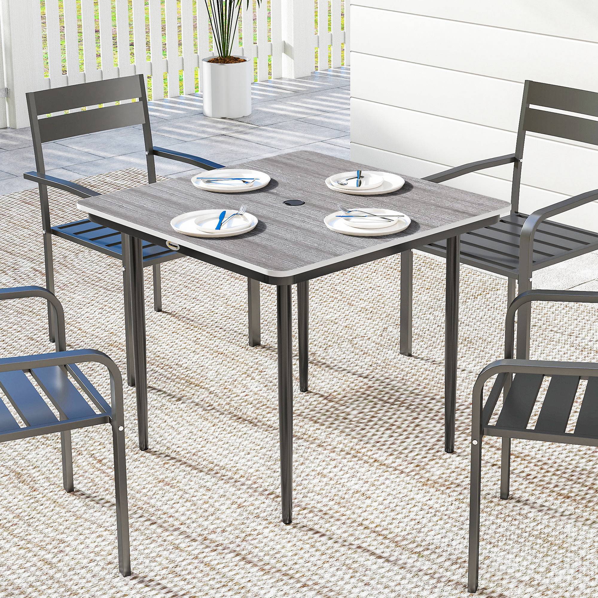 Sans Marque - Table de jardin rectangulaire pour 4 personnes, table à manger extérieure avec trou de parasol, 85 x 85 x 72,5 cm, gris - Image 4