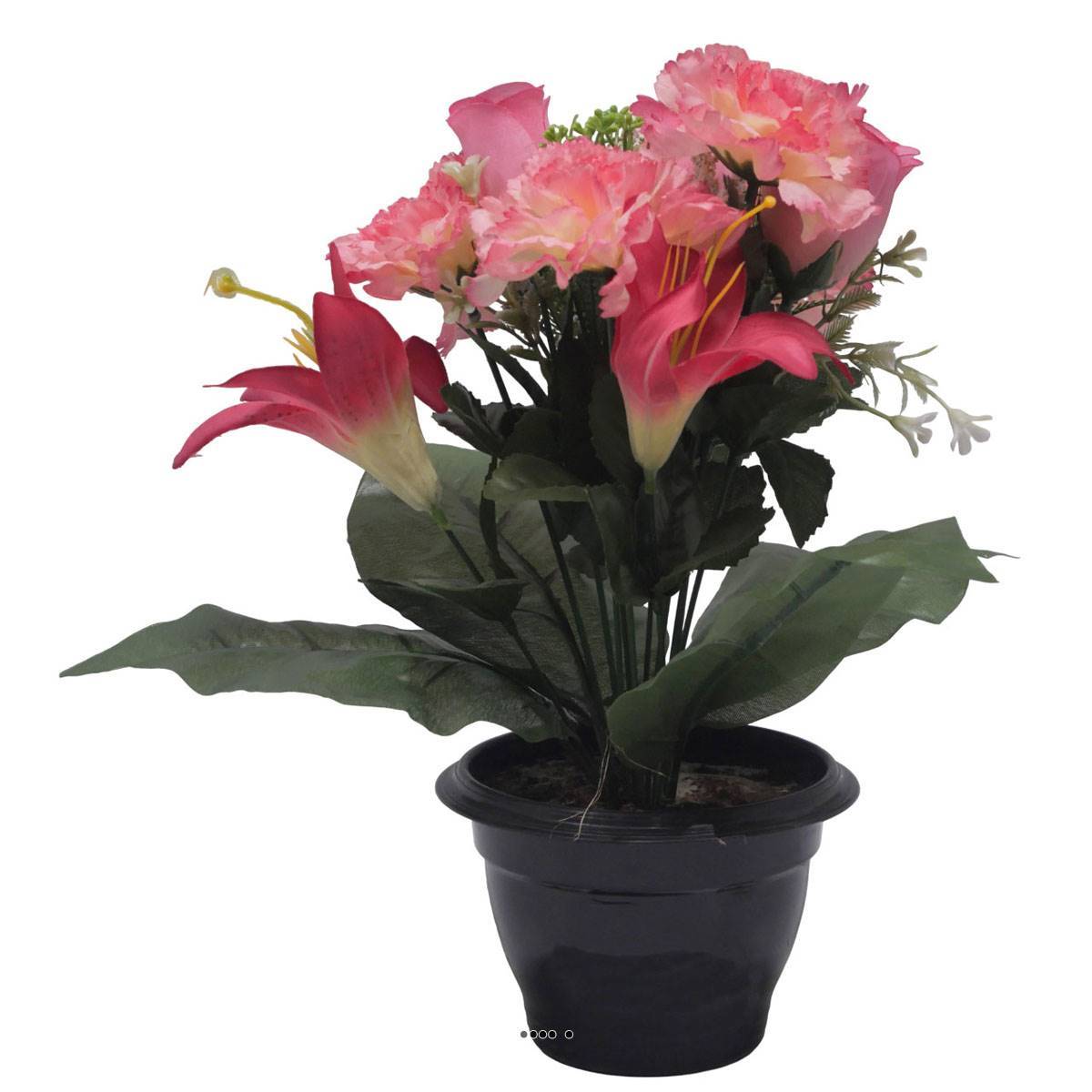 Artificielles - Pot pour Tombe d'oeillet, Lys tigré et mini fleurs Rose artificiels - Toussaint - couleur: Rose - Imagen 2