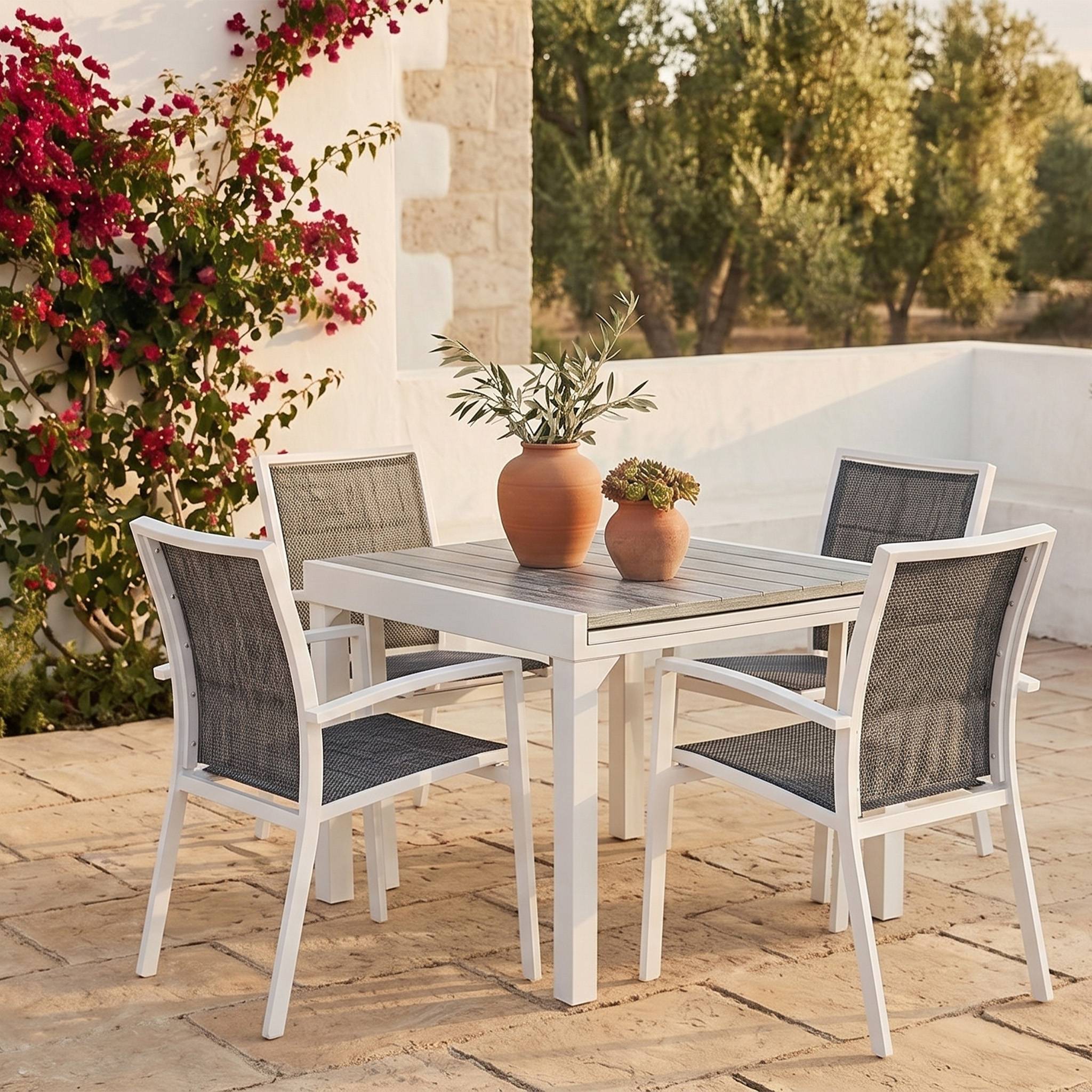 Wilsa Garden - Ensemble MODULO 4/8p en aluminium blanc et verre décors bois avec 4 fauteuils en textilène - Imagen 1