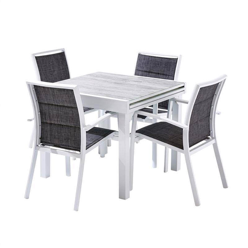 Wilsa Garden - Ensemble MODULO 4/8p en aluminium blanc et verre décors bois avec 4 fauteuils en textilène - Imagen 2