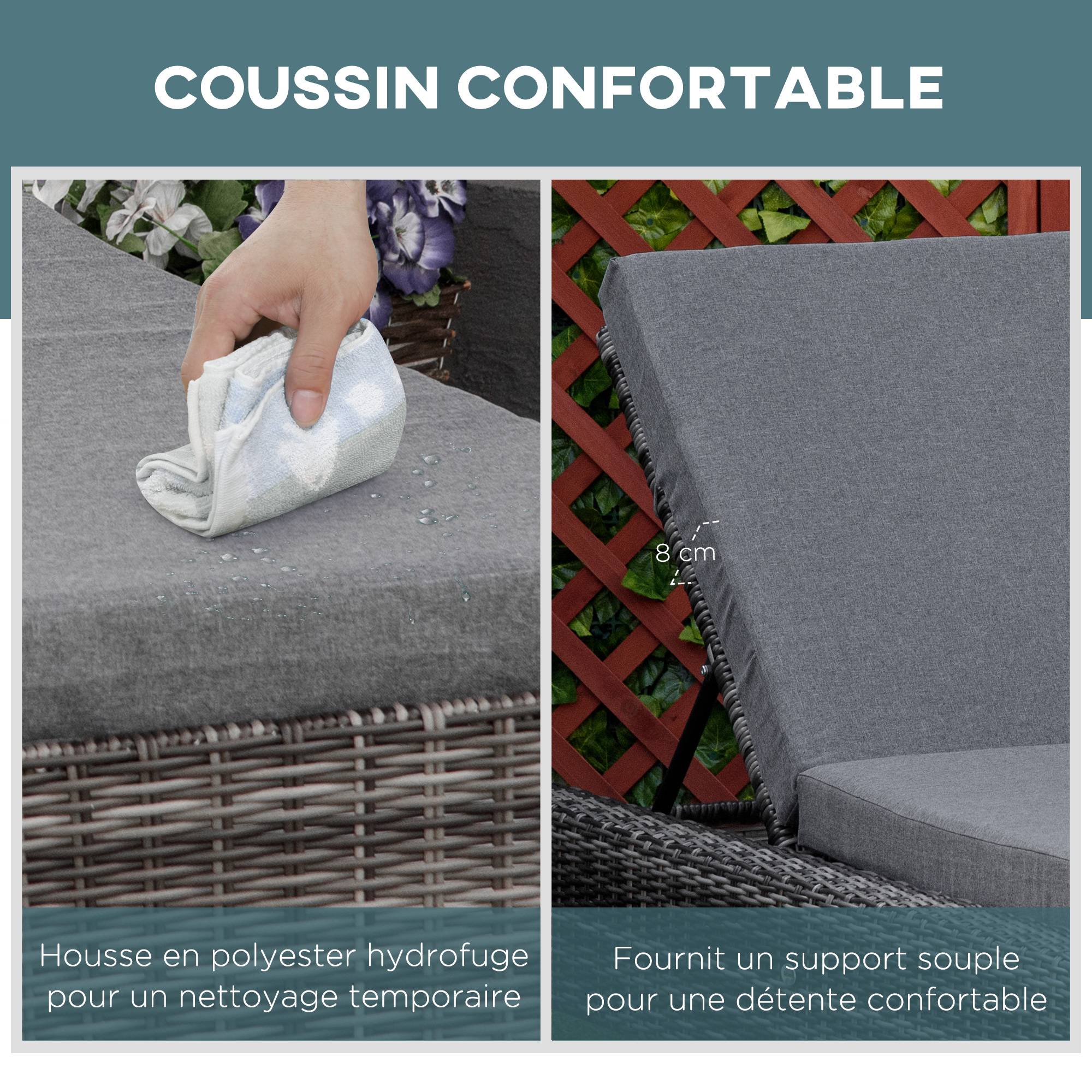 Outsunny - Bain de soleil transat grand confort matelas inclinaison réglable multipositions résine tressée grise - Outsunny - Imagen 5